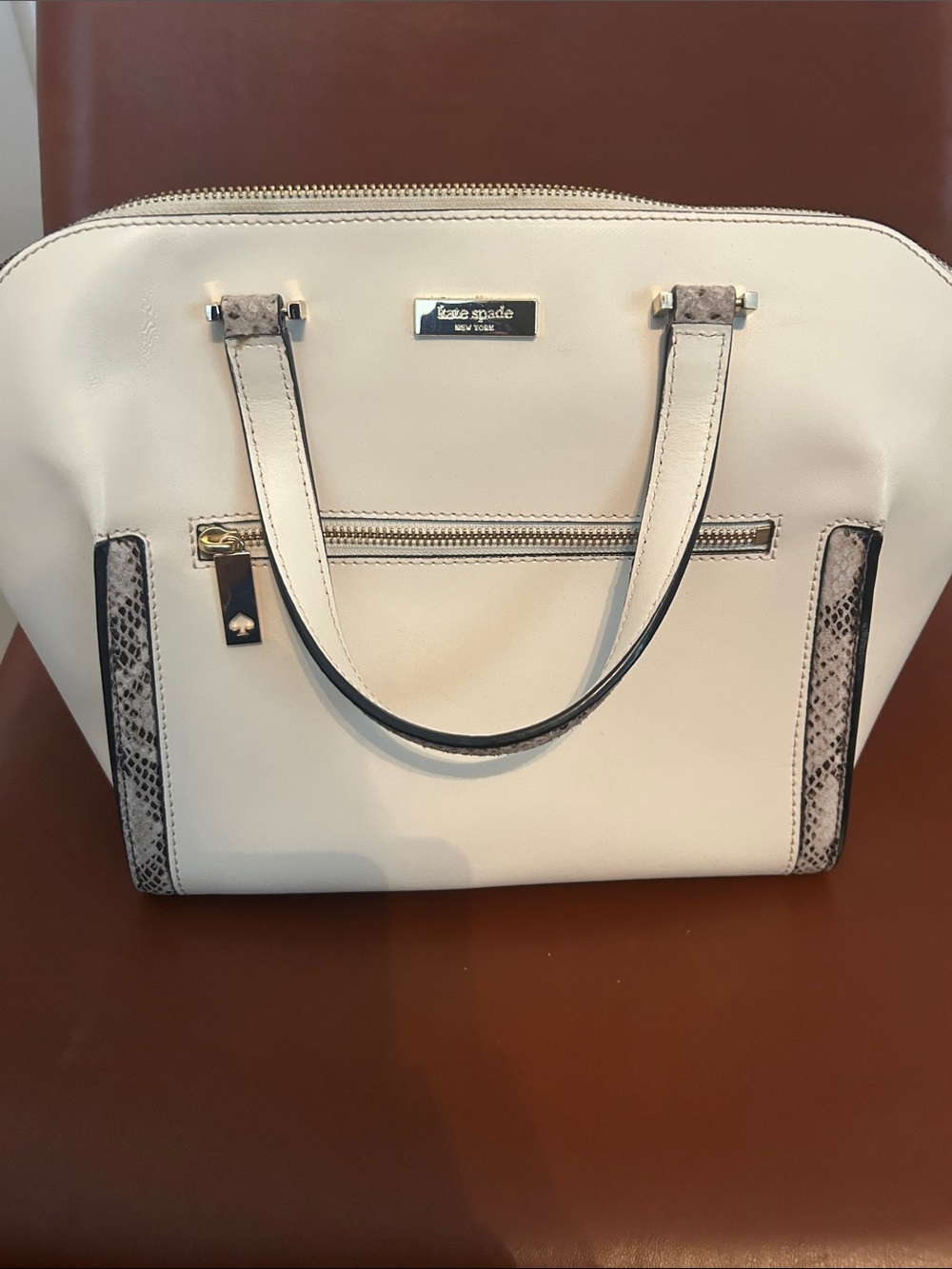 kate spade cream dome satchel with snake-print trim